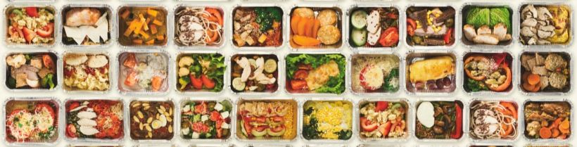 Rows of premade meals in portioned containers.