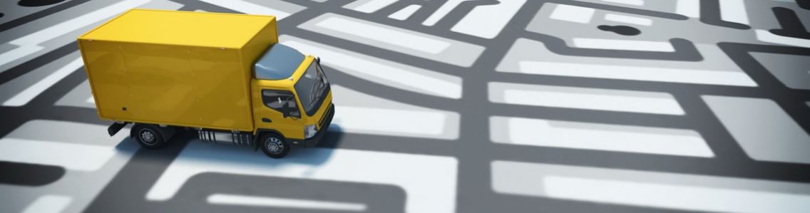 An illustration of a moving truck driving along a road map.