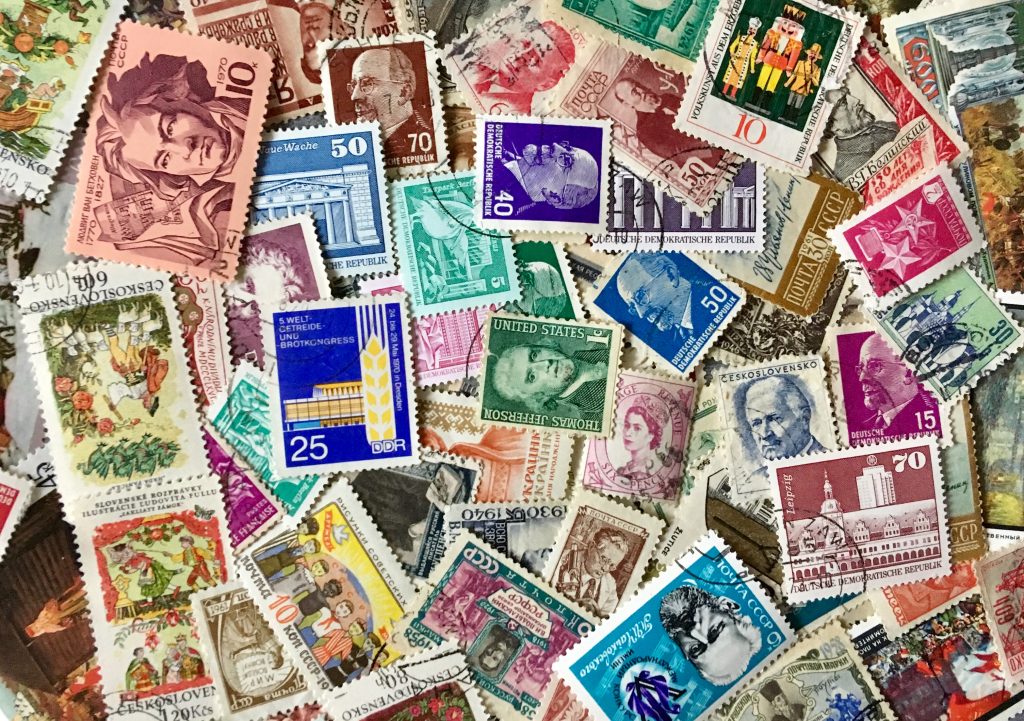 A colorful stamp collection.