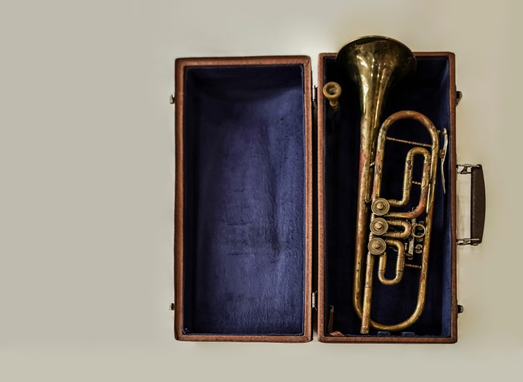 Corroded trumpet in an open case.