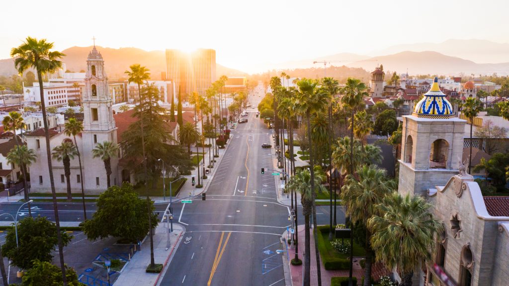 An aerial sunset view of Riverside, California.