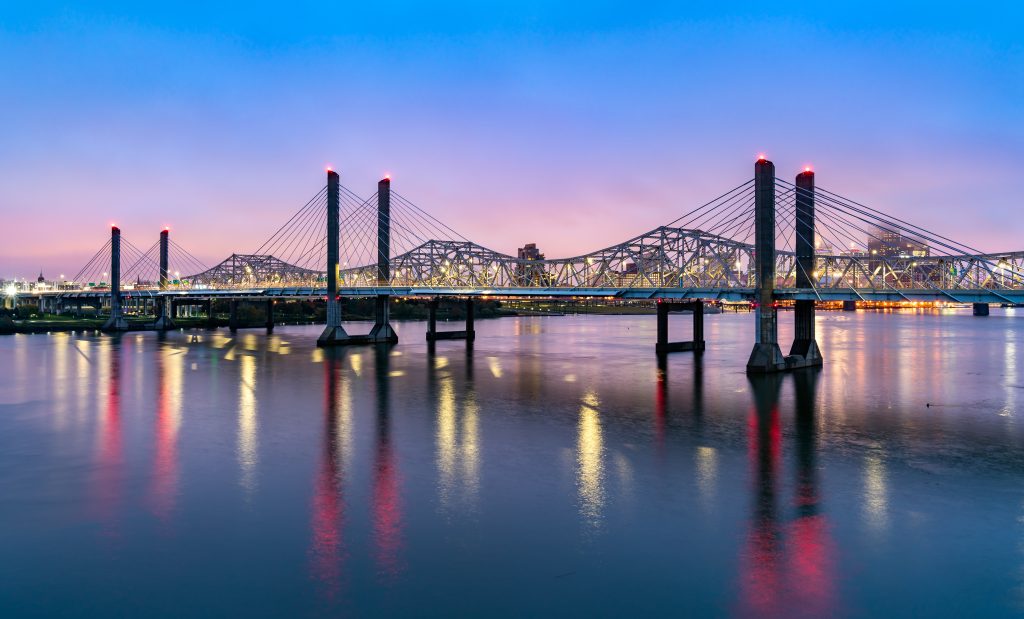 The bridge between Louisville, Kentucky and Jeffersonville, Indiana at sunset.