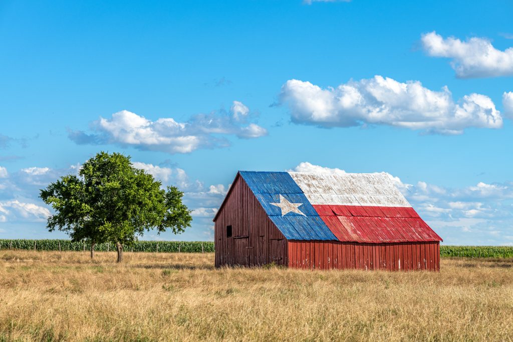 A barn in a field with a Texas flag on the roof.