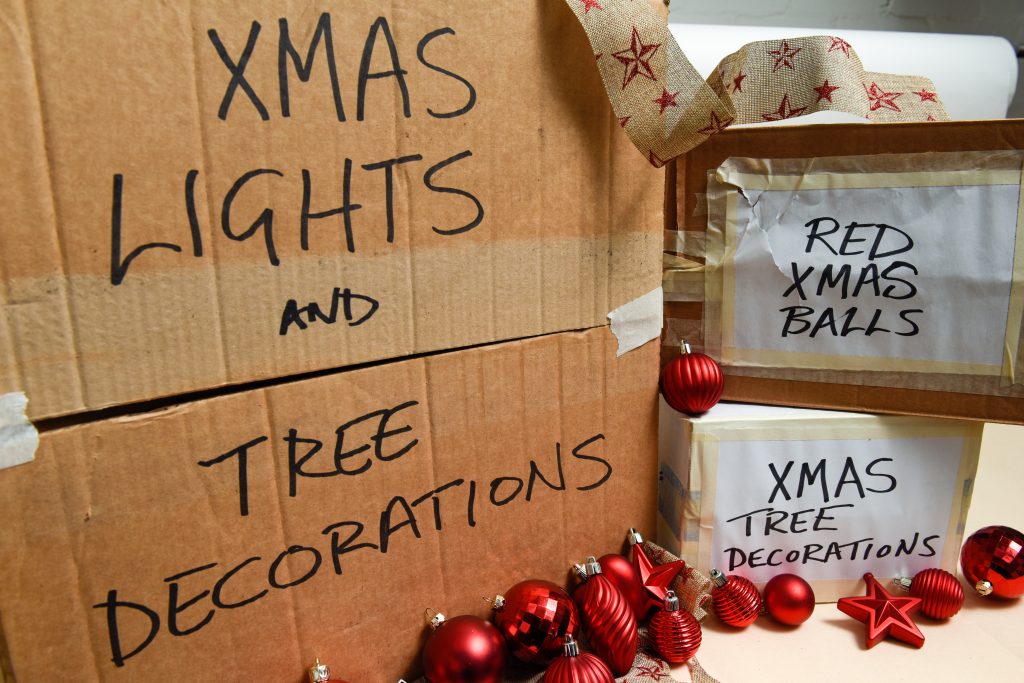 Cardboard boxes labeled as "Xmas Lights" and "Tree Decorations."