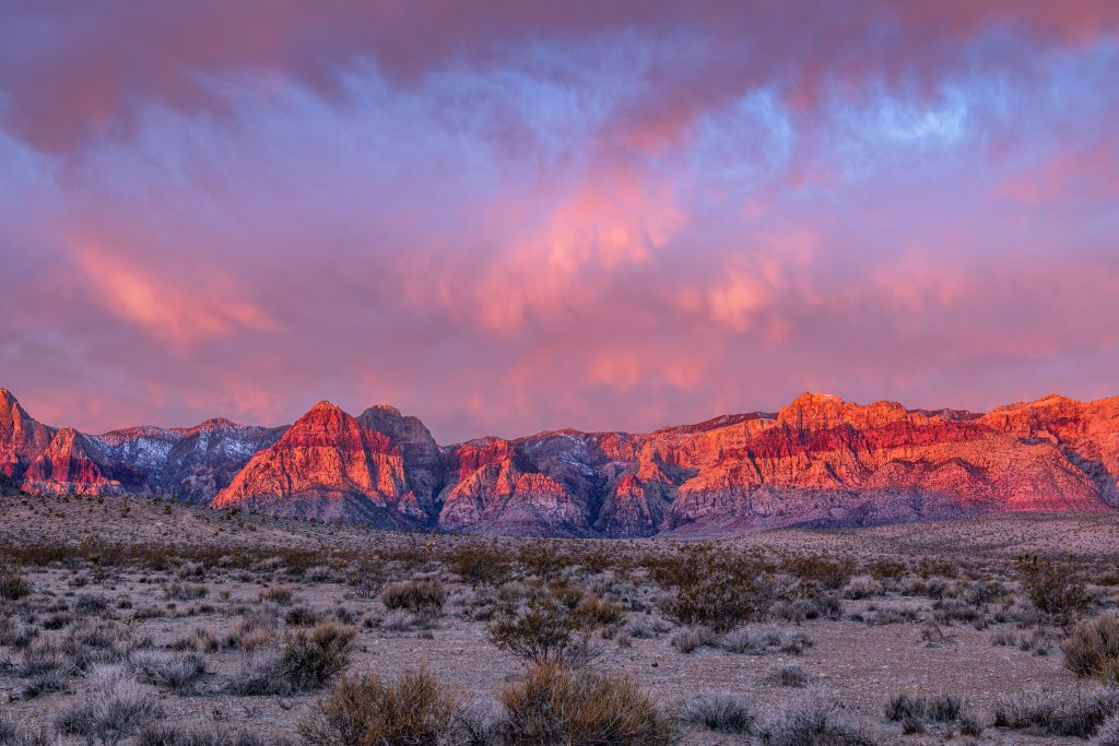 A desert sunset on the mountains near Las Vegas.