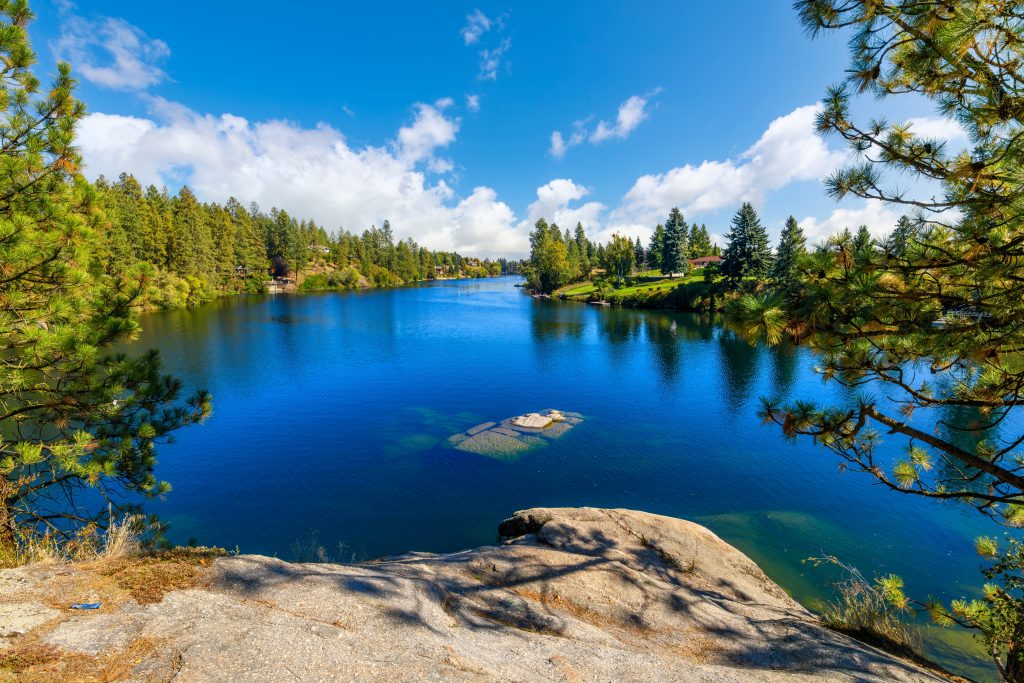 A blue lake surrounded by pine trees, under a blue sky.