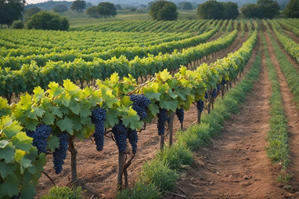 Rows of grape vines in a field at a winery.