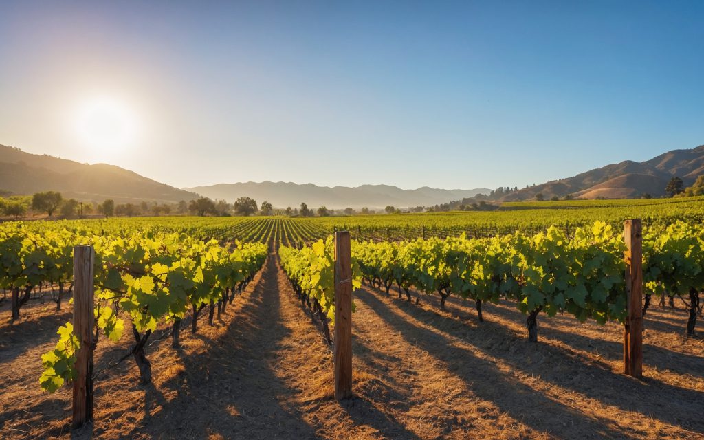Rows of grape vines at a vineyard in Napa Valley.