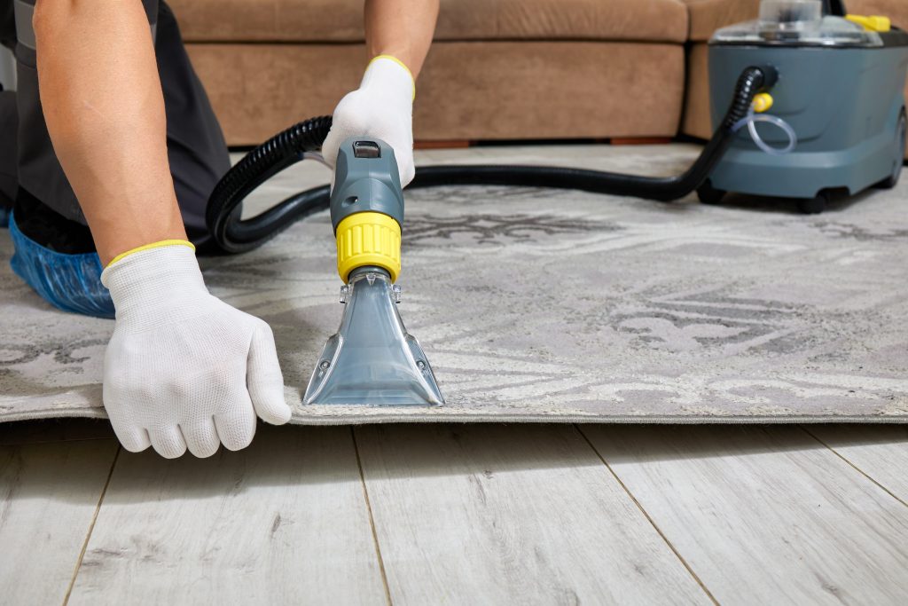 A man deep cleaning a rug with a carpet cleaner.