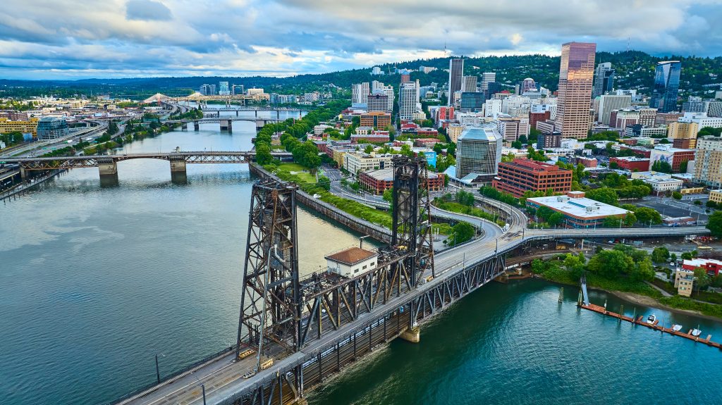 An aerial view of Steel Bridge in Portland, Oregon.
