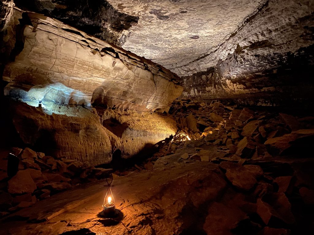 The inside of Mammoth Caves, lit by a single lantern.