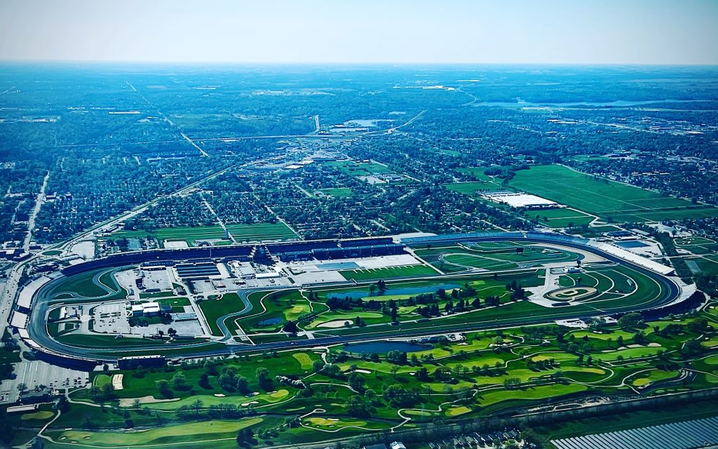 Aerial view of the Indianapolis motor speedway track.