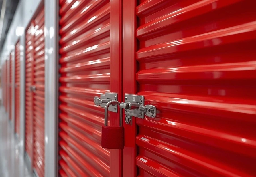 Happy and bright red self storage door hallway locks visible and boxes in the hallway